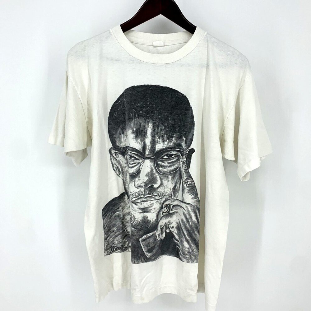 VTG 90s Malcolm X Big Face AOP Print Shirt Mens XL Hip Hop Black History Rap USA - Picture 5 of 13